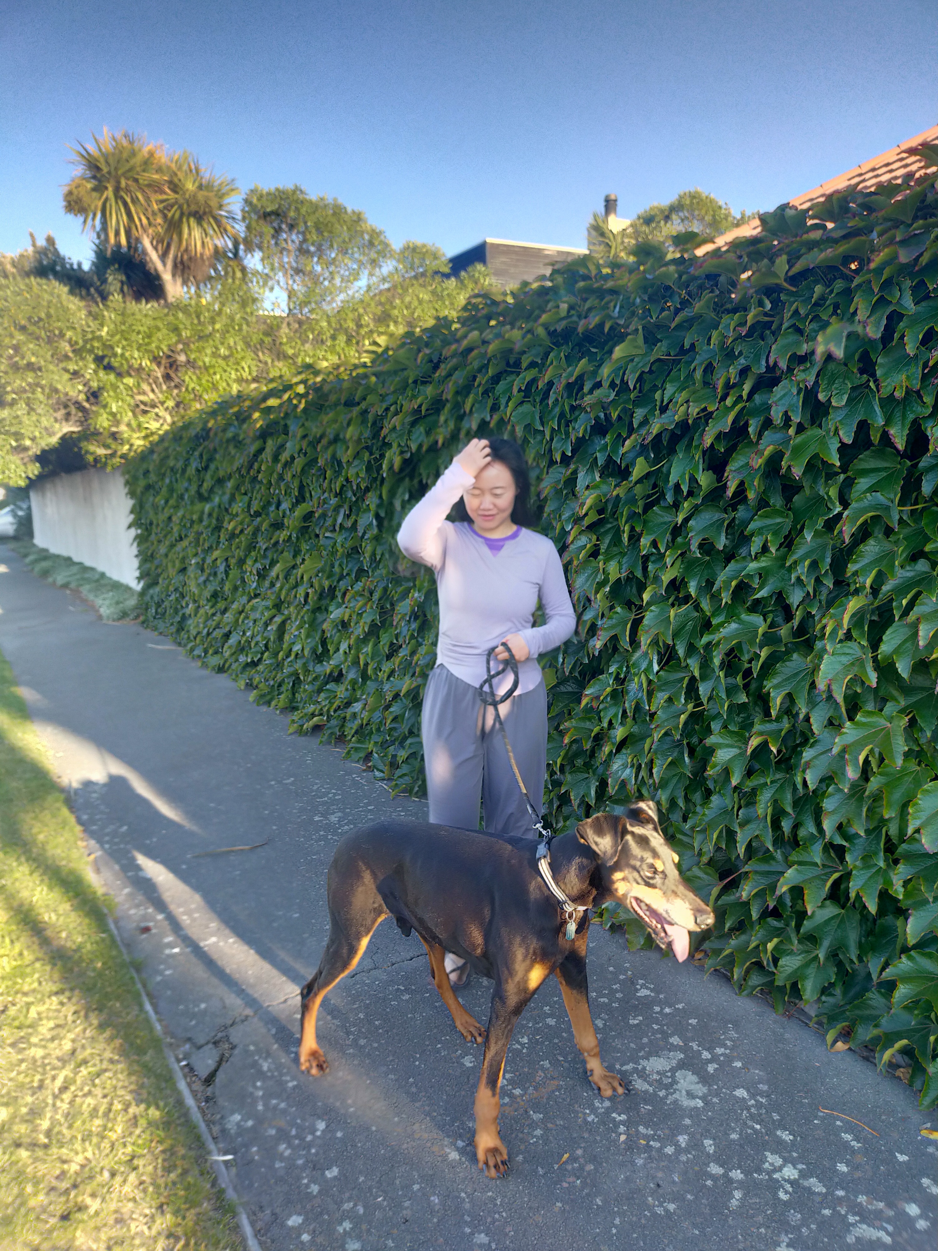 me walking a doberman dog called Pinch